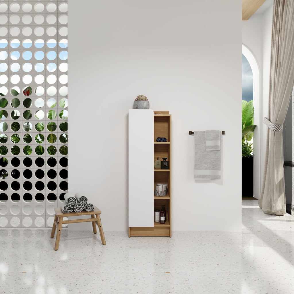 Tall Freestanding Bathroom Side Cabinet with Single Door & 4 Tier Open Shelves - Black / Light Oak / White