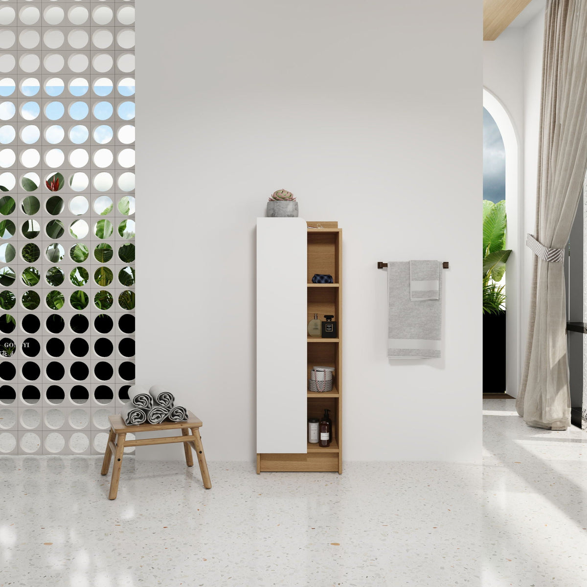 Tall Freestanding Bathroom Side Cabinet with Single Door & 4 Tier Open Shelves - Black / Light Oak / White