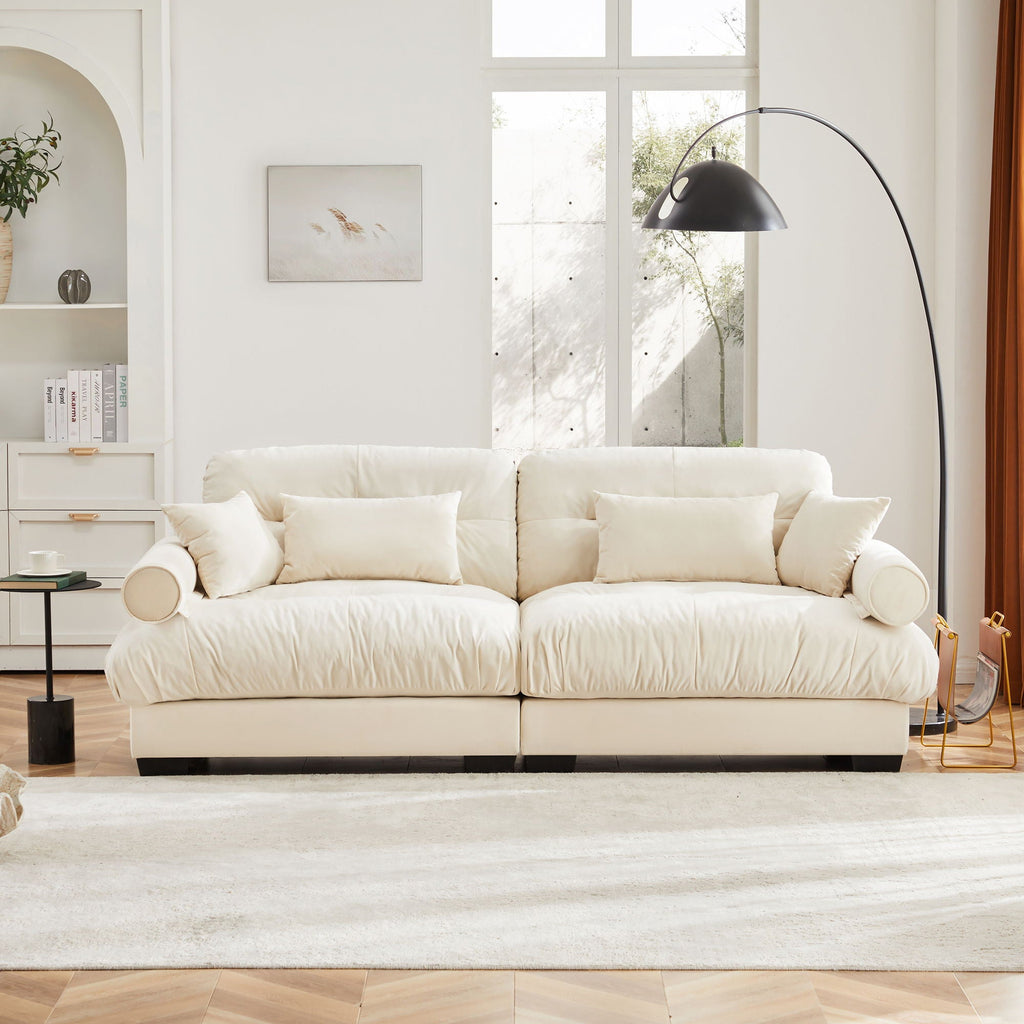 Modern Sofa with Bolstered Armrests and Pillows - Beige or Dark Green