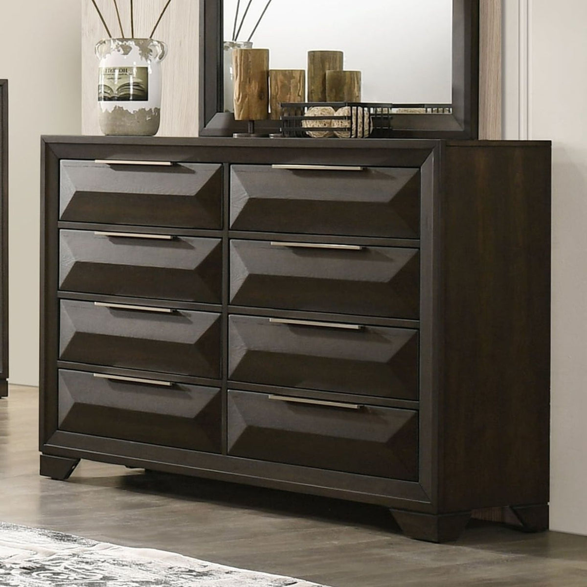Espresso Dresser & Mirror with 8 Drawers and Beveled Bracket Feet