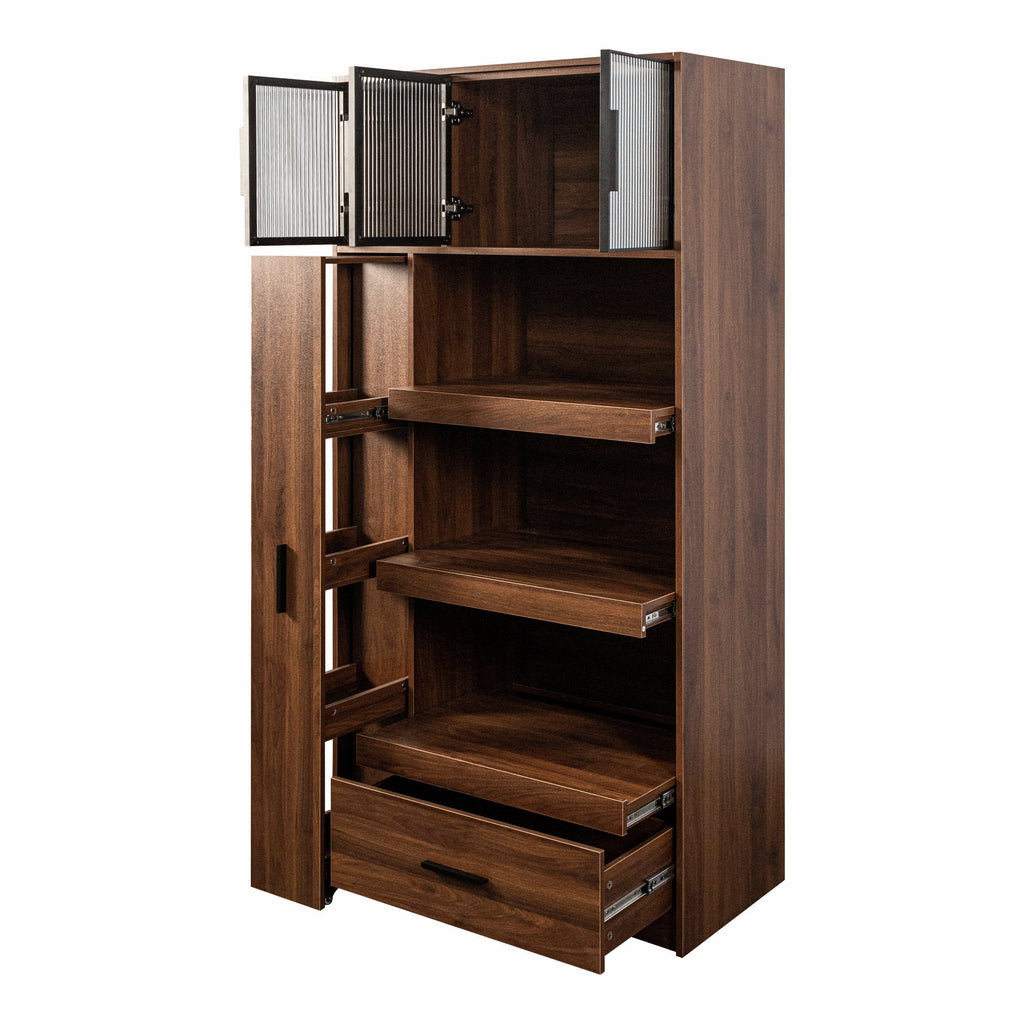 Tall Kitchen Pantry Cabinet with Multi-Tier Pull-Out Shelf - Walnut