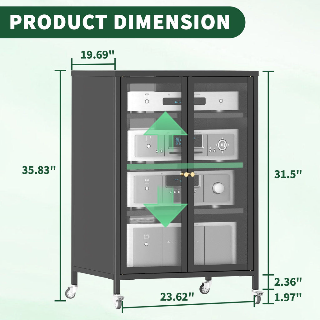 Media Storage Cabinet with Wheels and Adjustable Glass Shelves - Black