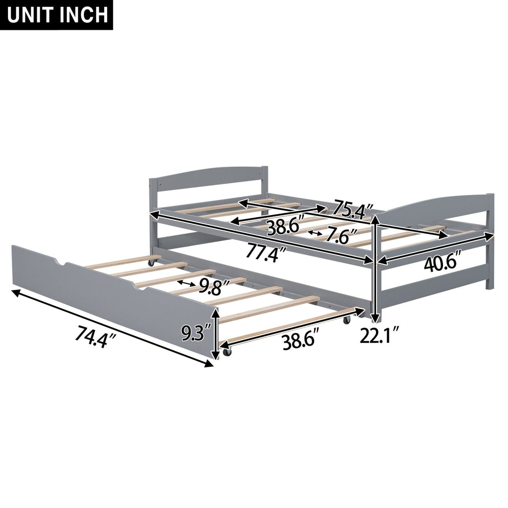 Twin Size Platform Bed with Trundle - Solid Wood Frame - Dark Gray or White