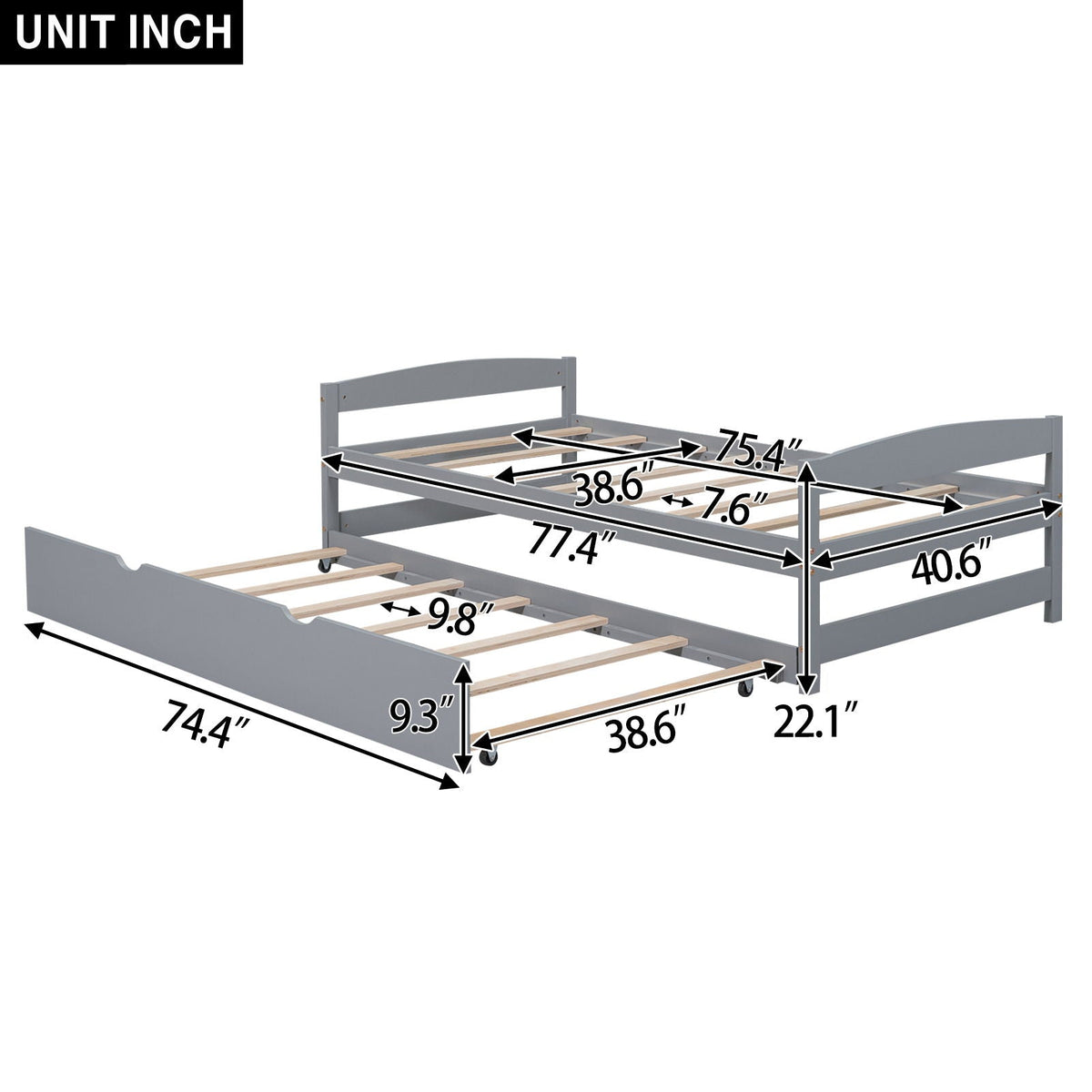 Twin Size Platform Bed with Trundle - Solid Wood Frame - Dark Gray or White