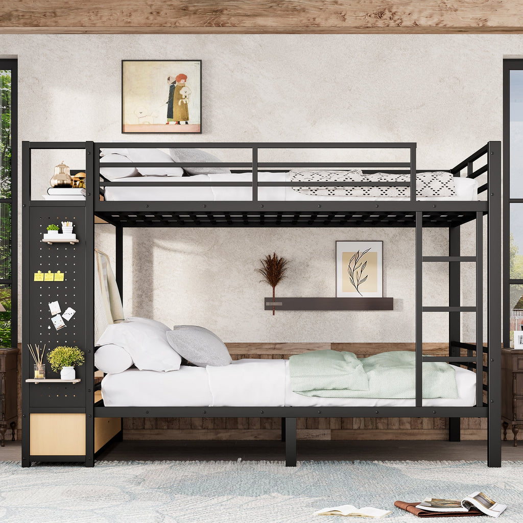Queen Over Queen Metal Bunk Bed with Storage Shelves - Black