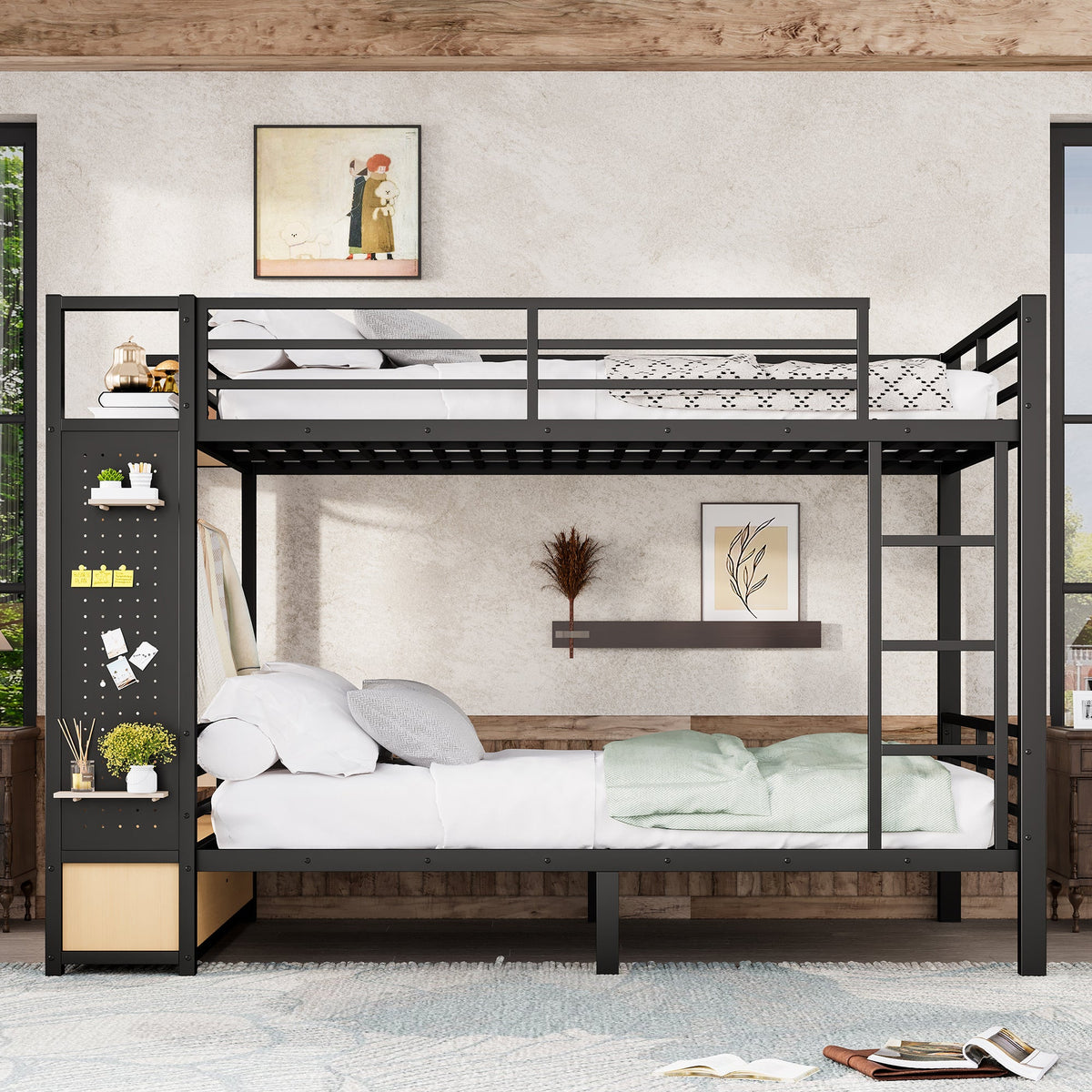 Queen Over Queen Metal Bunk Bed with Storage Shelves - Black