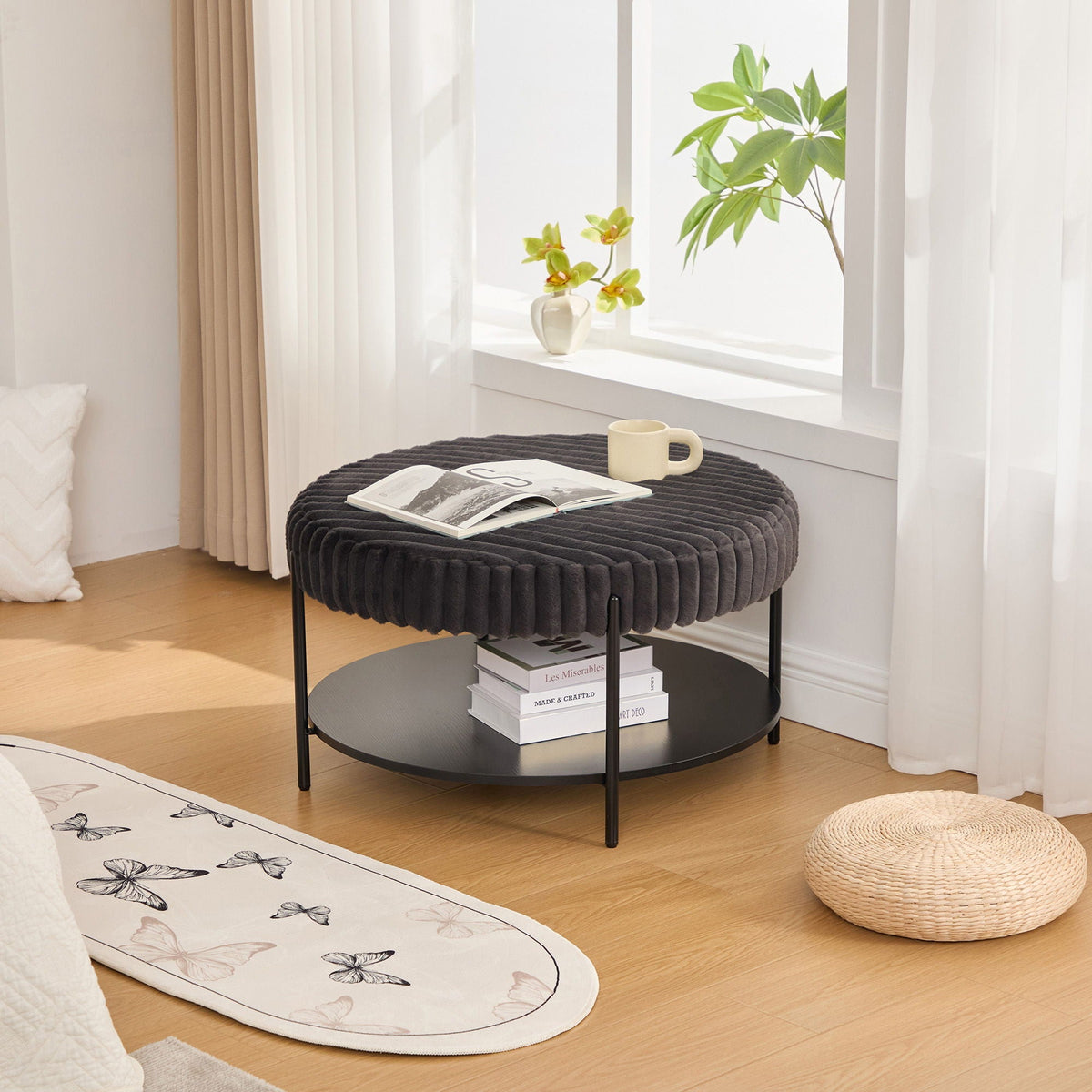 Modern Upholstered Round Ottoman Coffee Table with Storage Shelf - Fabric