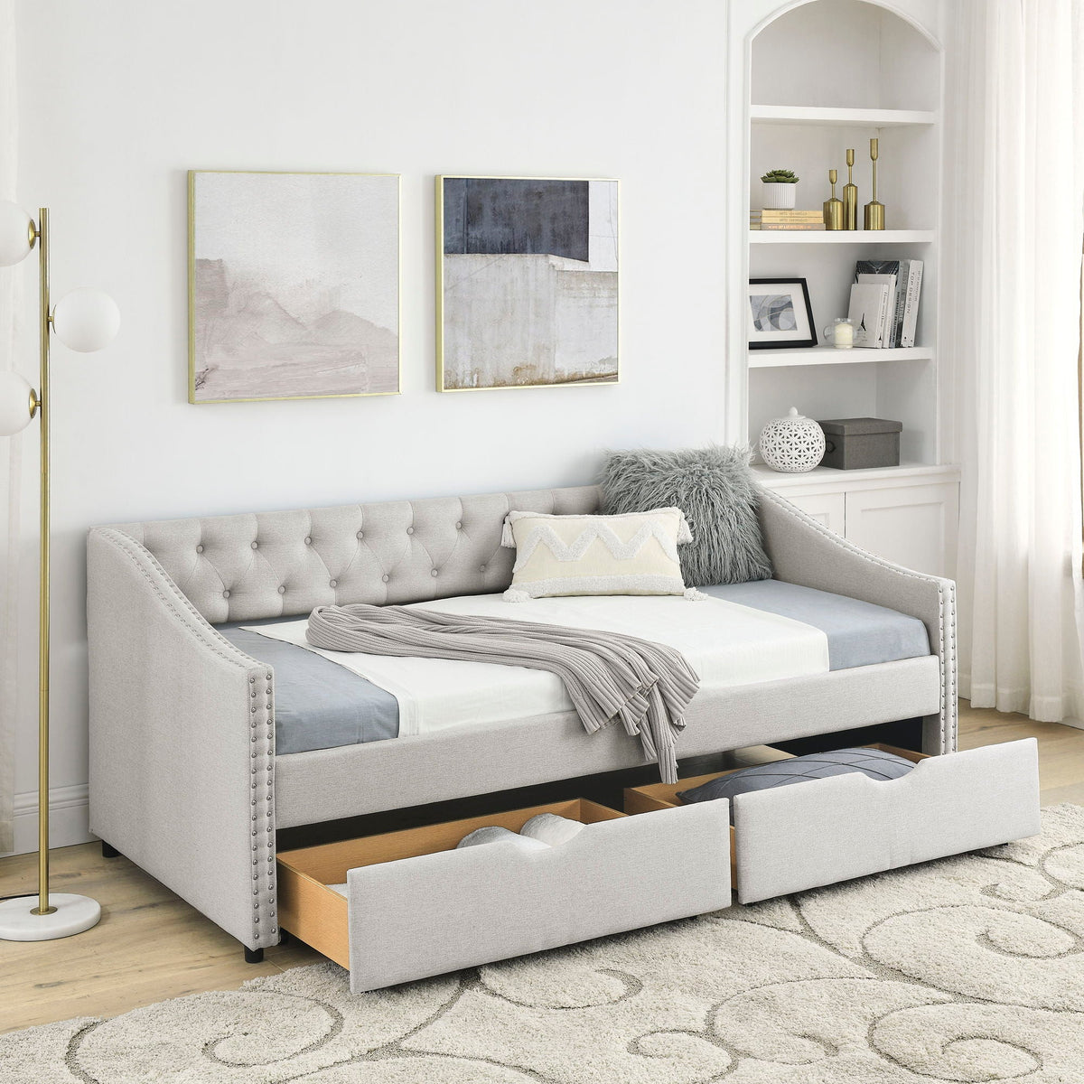 Upholstered Tufted Daybed with 2 Drawers and Waved Arms - Multiple Colors