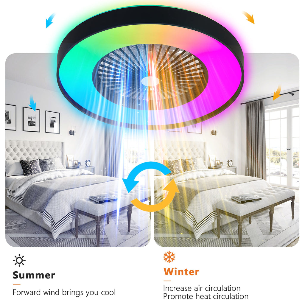 23-Inch Black Ceiling Fan Light with LED RGB - Modern Living Room Lighting
