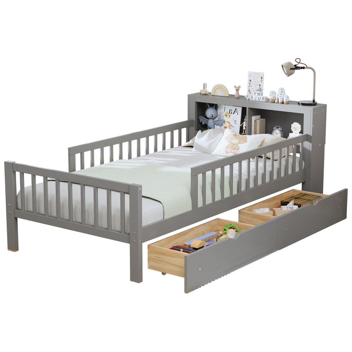 Twin Storage Bed with Headboard Rack & Under-Bed Drawers - Multiple Colors