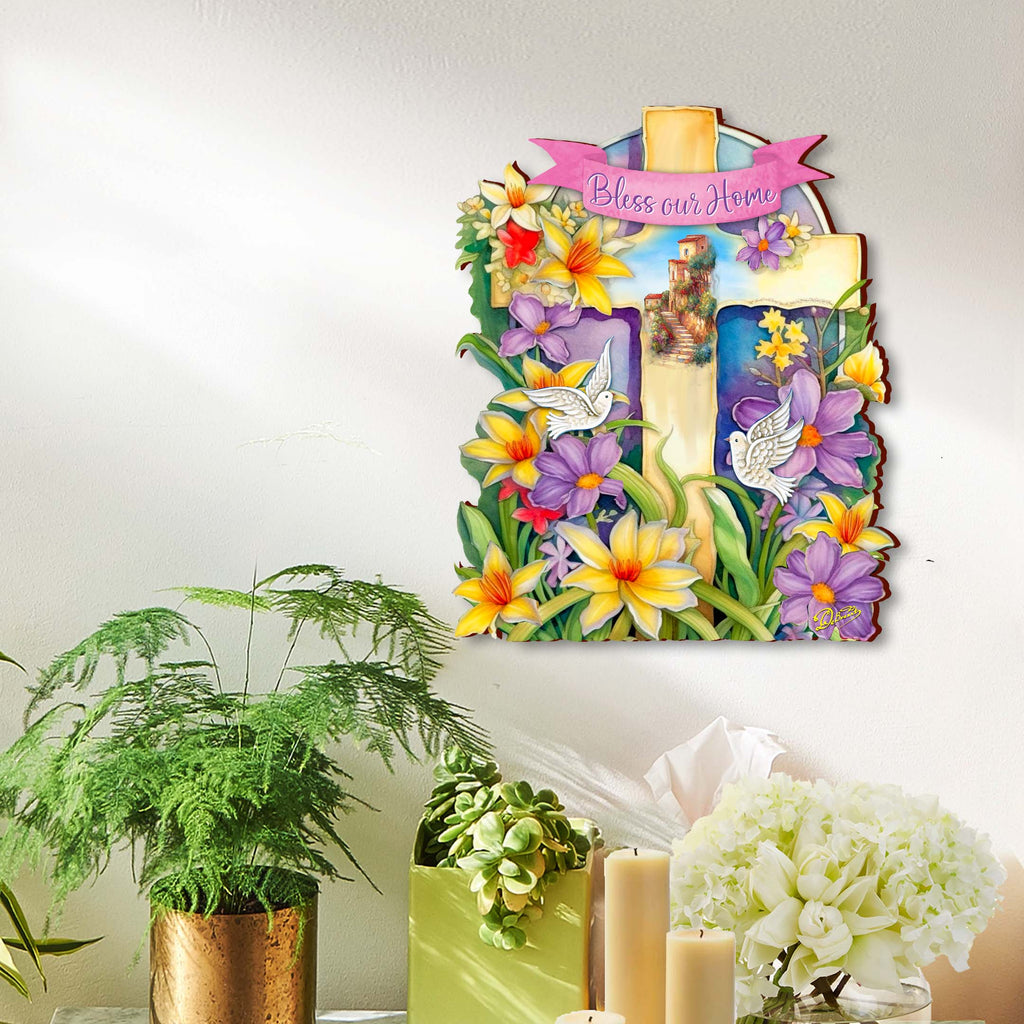 Bless Our Home Wooden Cross by G. Debrekht - Easter Spring Décor - 88161