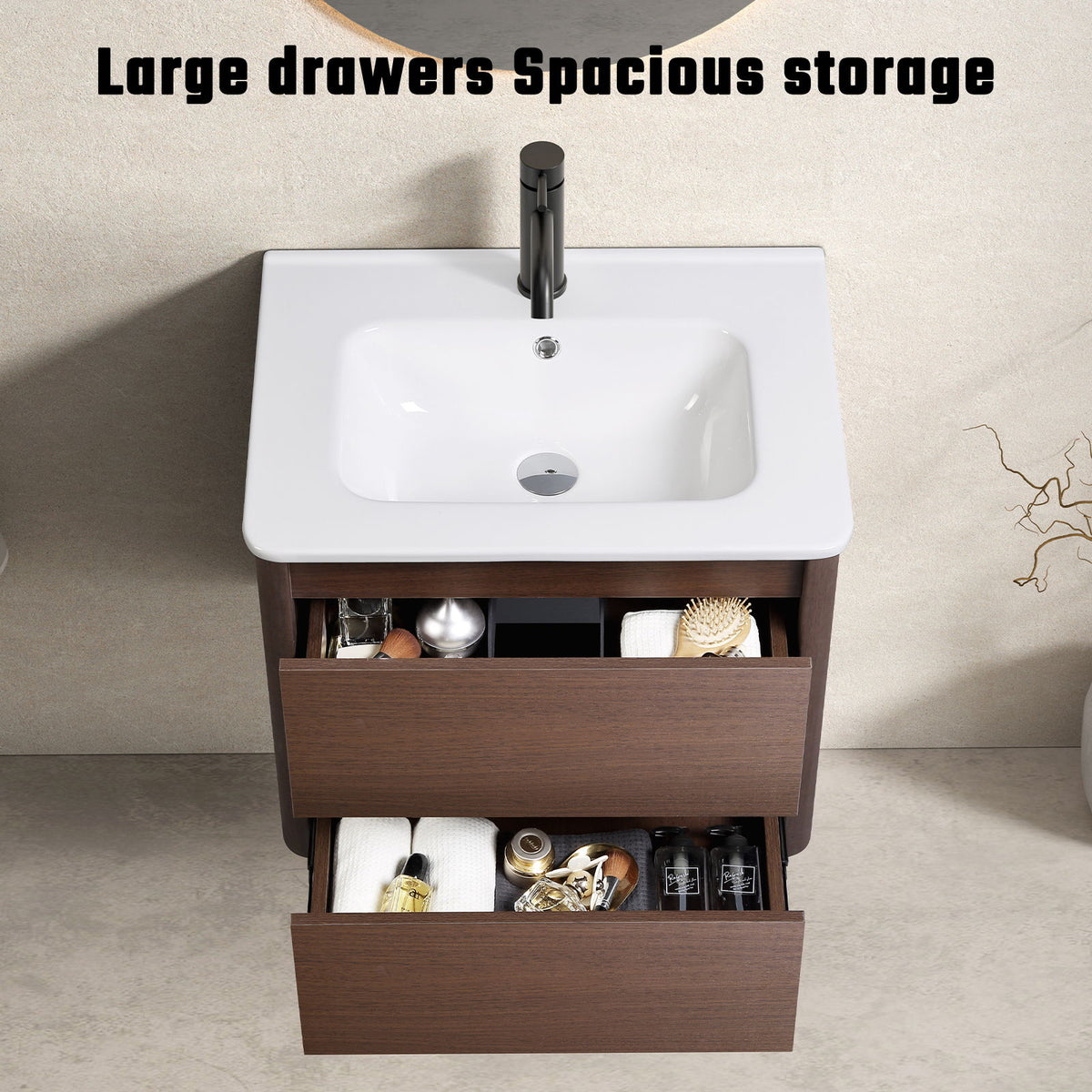 Wall Mounted Bathroom Vanity with Soft Close Drawer - Black Brown
