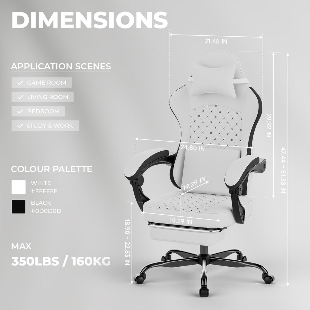 Gaming Chair with Massage and Ergonomic Design - White/Black
