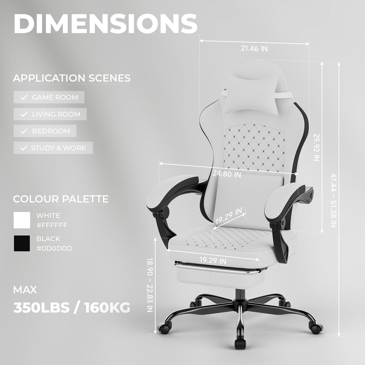 Gaming Chair with Massage and Ergonomic Design - White/Black