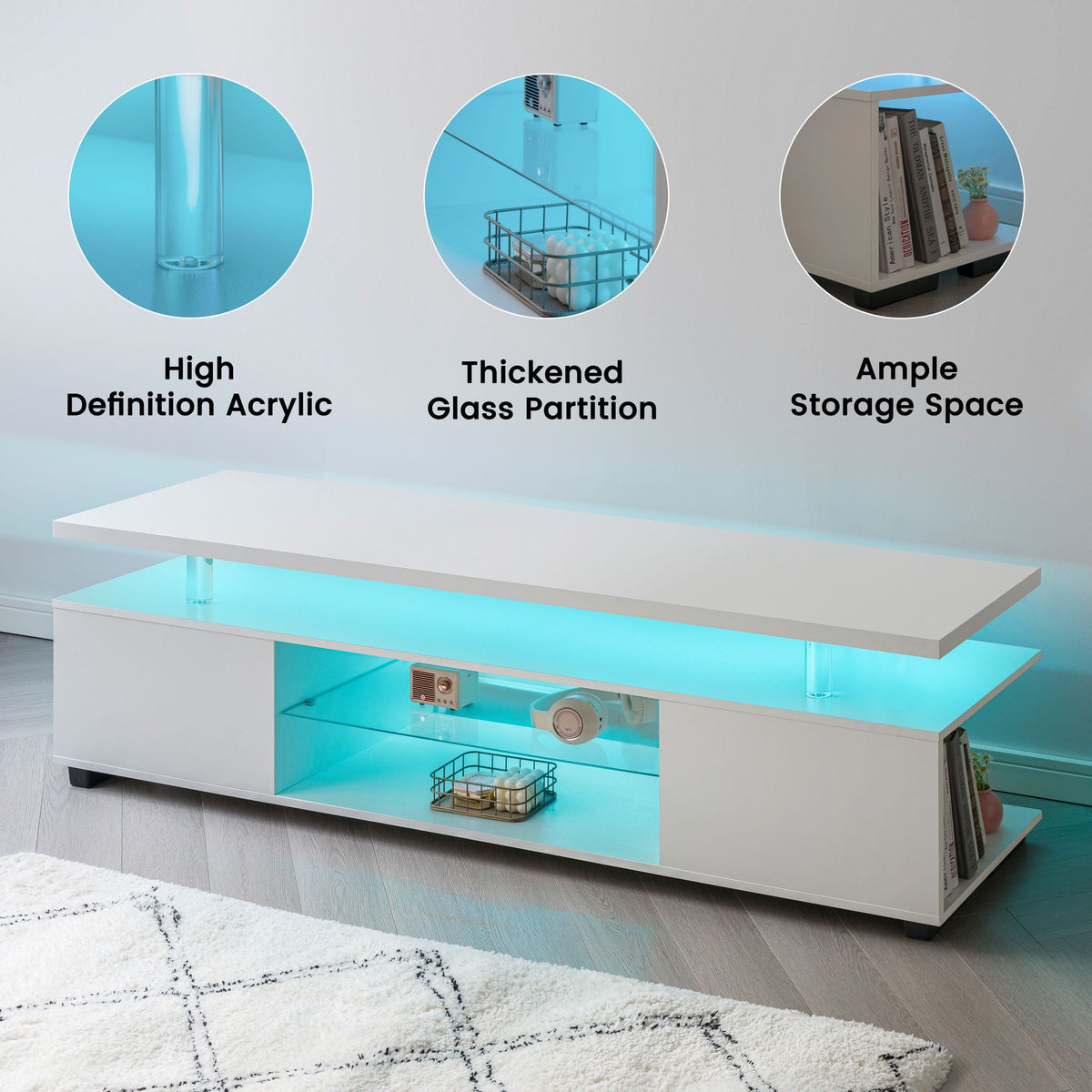 TV Stand with LED and Large Side Cabinet - White, Black, or Gray