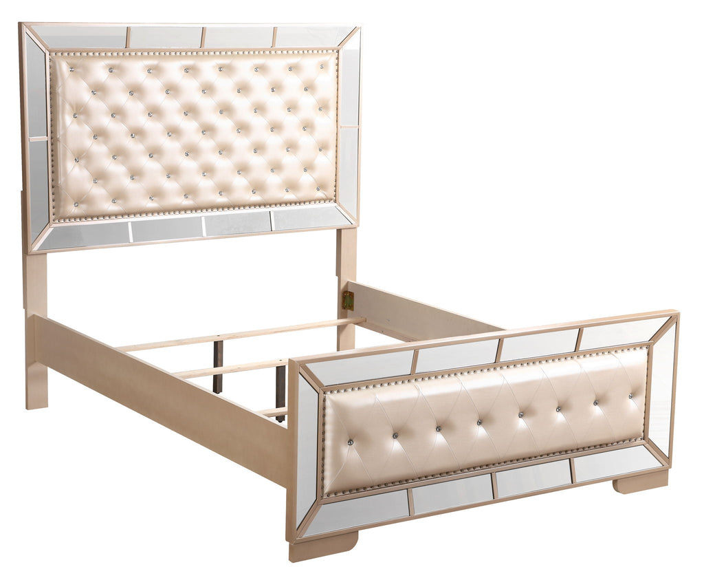Contemporary Panel Bed with Mirrored Accents - Beige or Pearl Silver