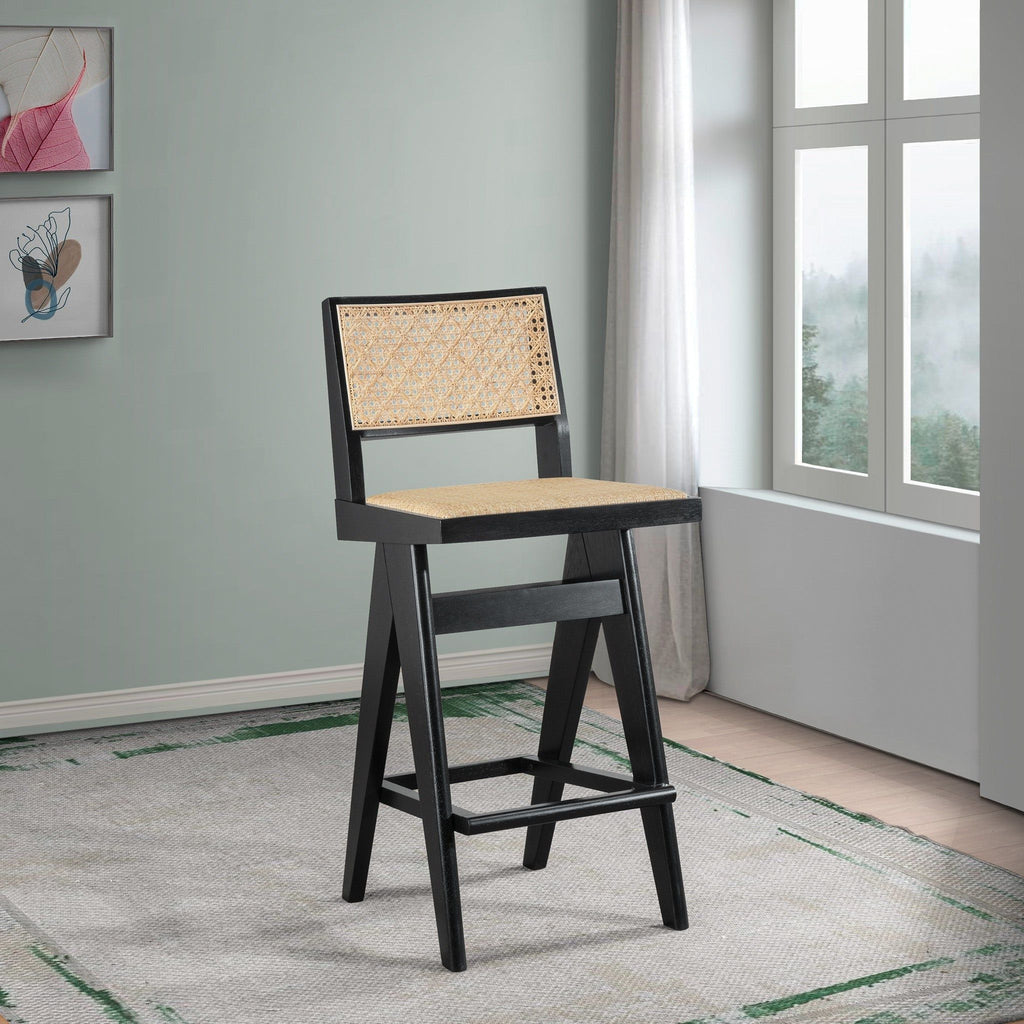 Black & Rattan Bar Stool Set with Full Back Support - Set of 2