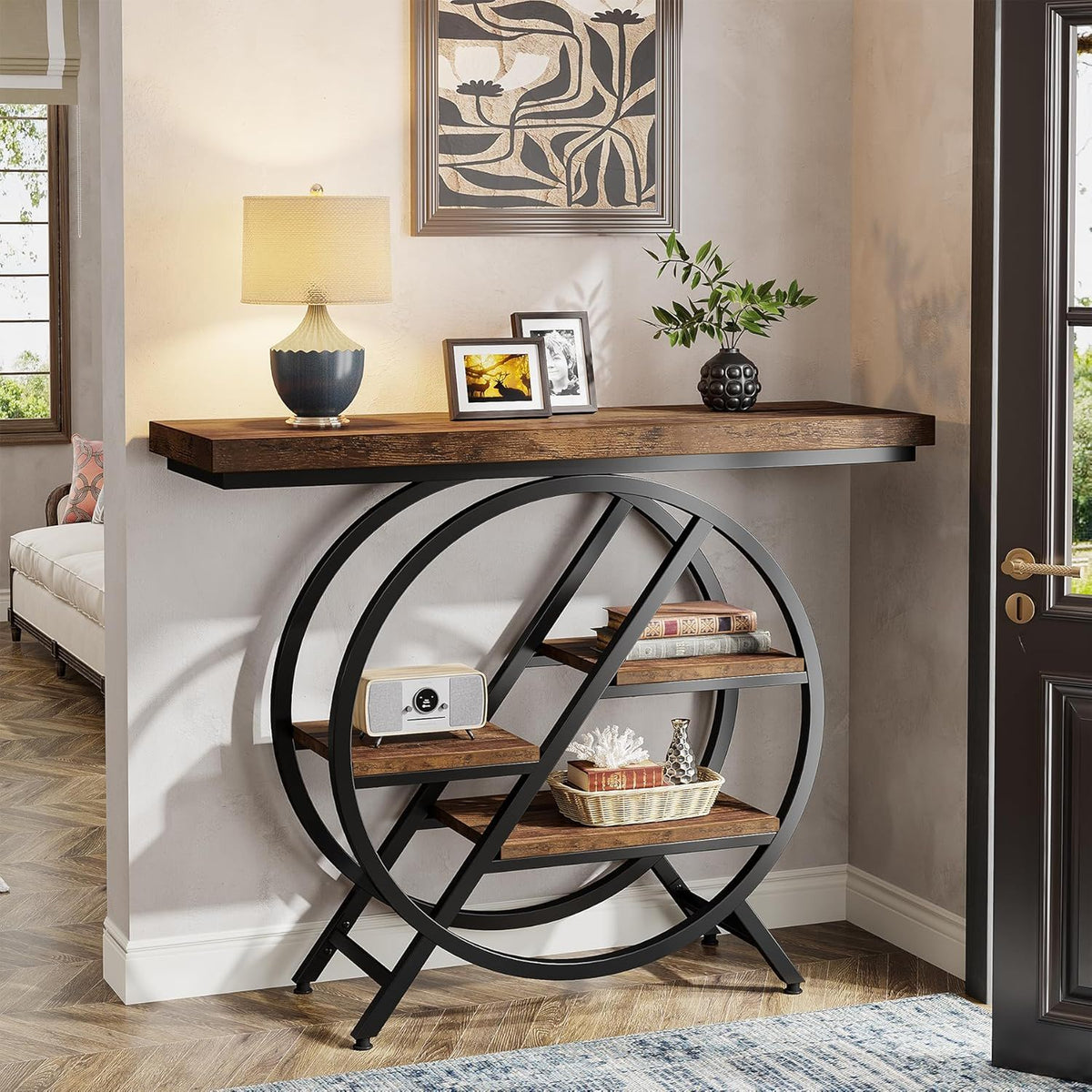 4 Tier Entryway Console Table with Geometric Circle Frame & Storage Shelves - Rustic Brown