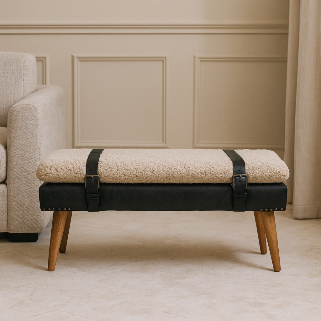 Boucle x Leather Upholstered Bench with Nordic Legs - Boucle & Leather