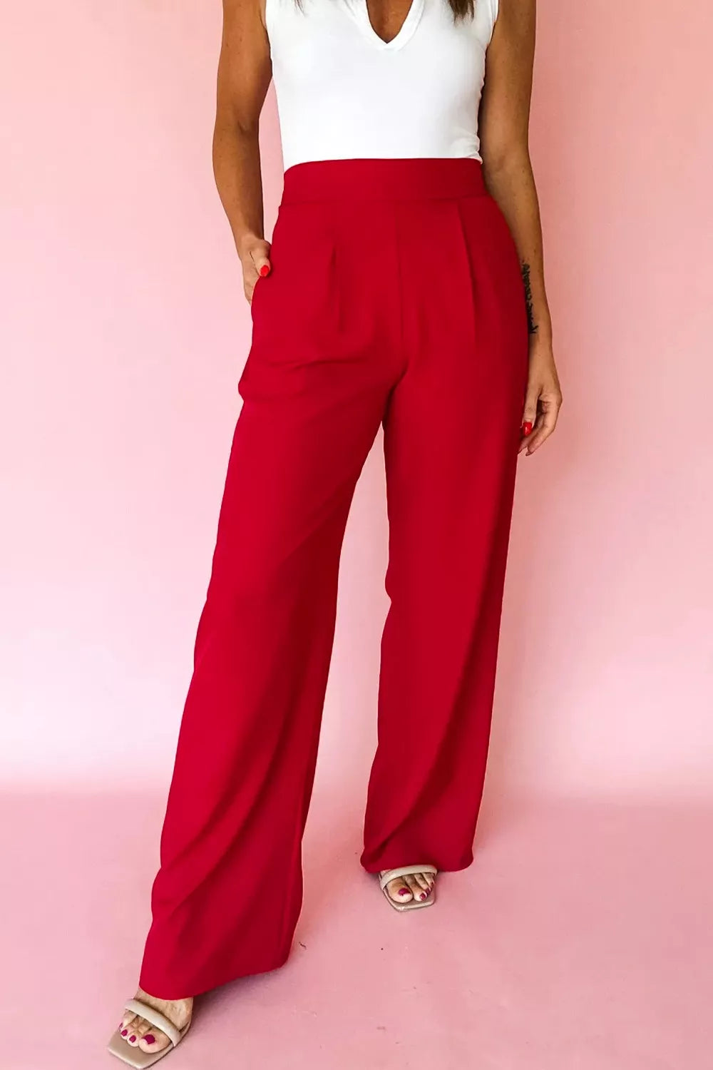 Pleated Detail Pull On High Elastic Waist Loose Straight Pants