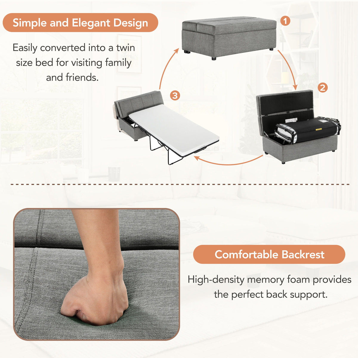 Twin Size Folding Ottoman Sleeper Bed with Mattress - Light Brown, Black, Dark Gray, White