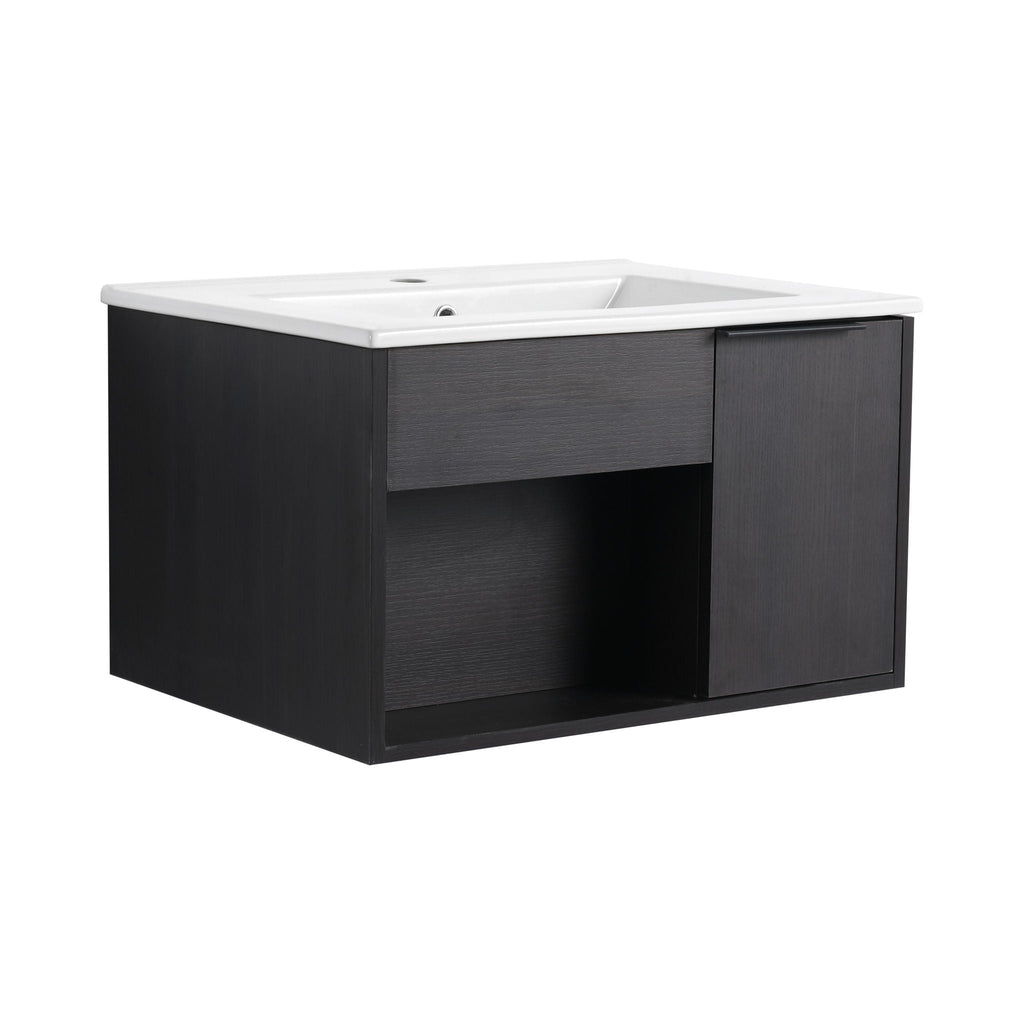 Wall Mounted Floating Bathroom Vanity with Open Shelf & Soft Close Door - Dark Brown