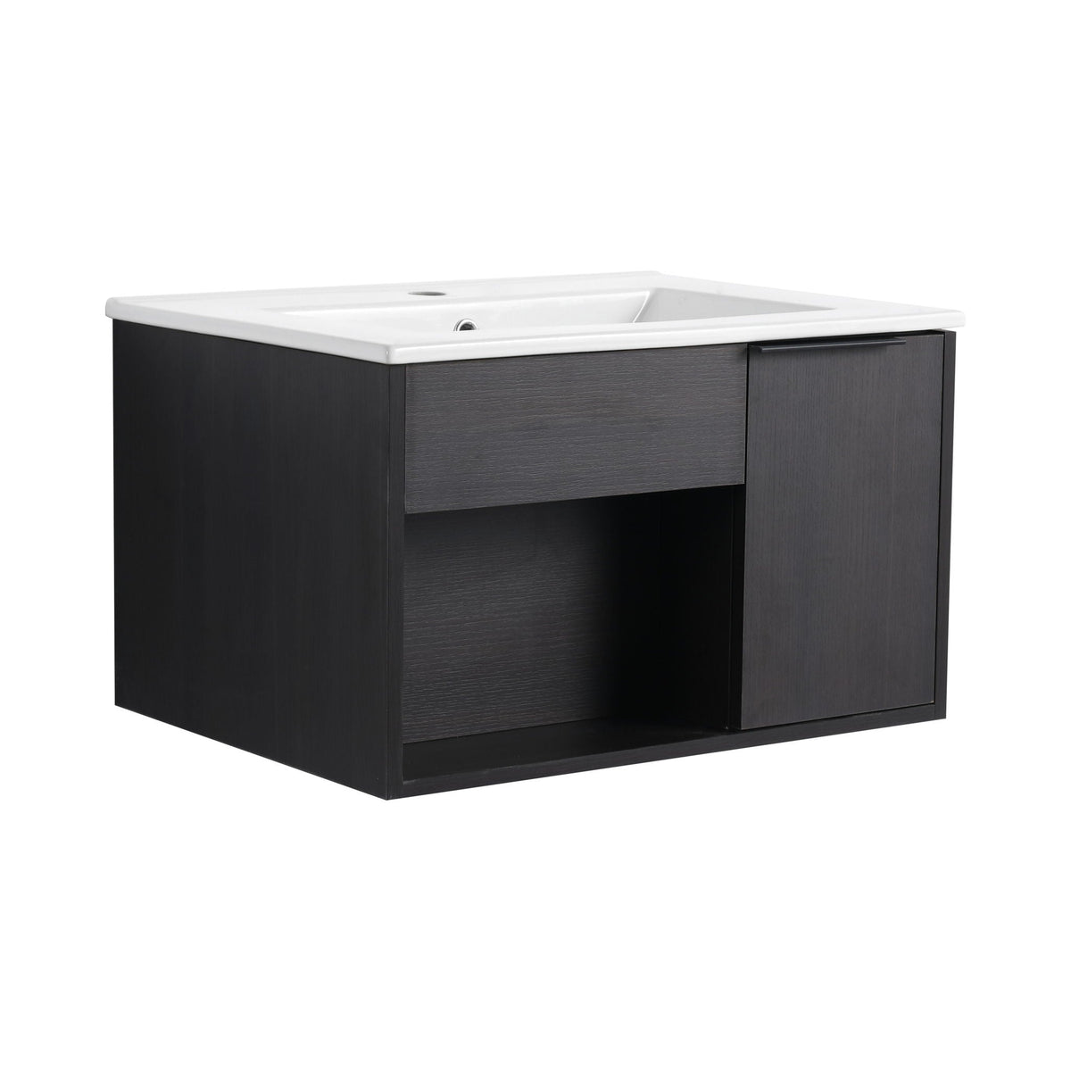 Wall Mounted Floating Bathroom Vanity with Open Shelf & Soft Close Door - Dark Brown