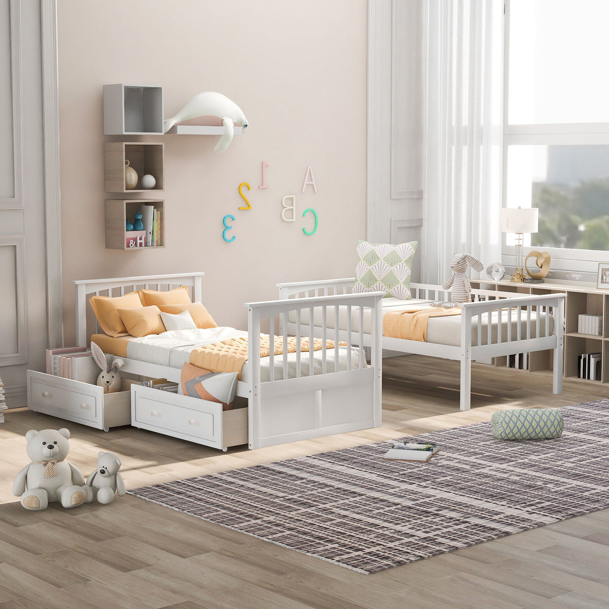 Twin Over Twin Bunk Bed with Drawers - Convertible, Solid Pine Wood - White or Dark Gray