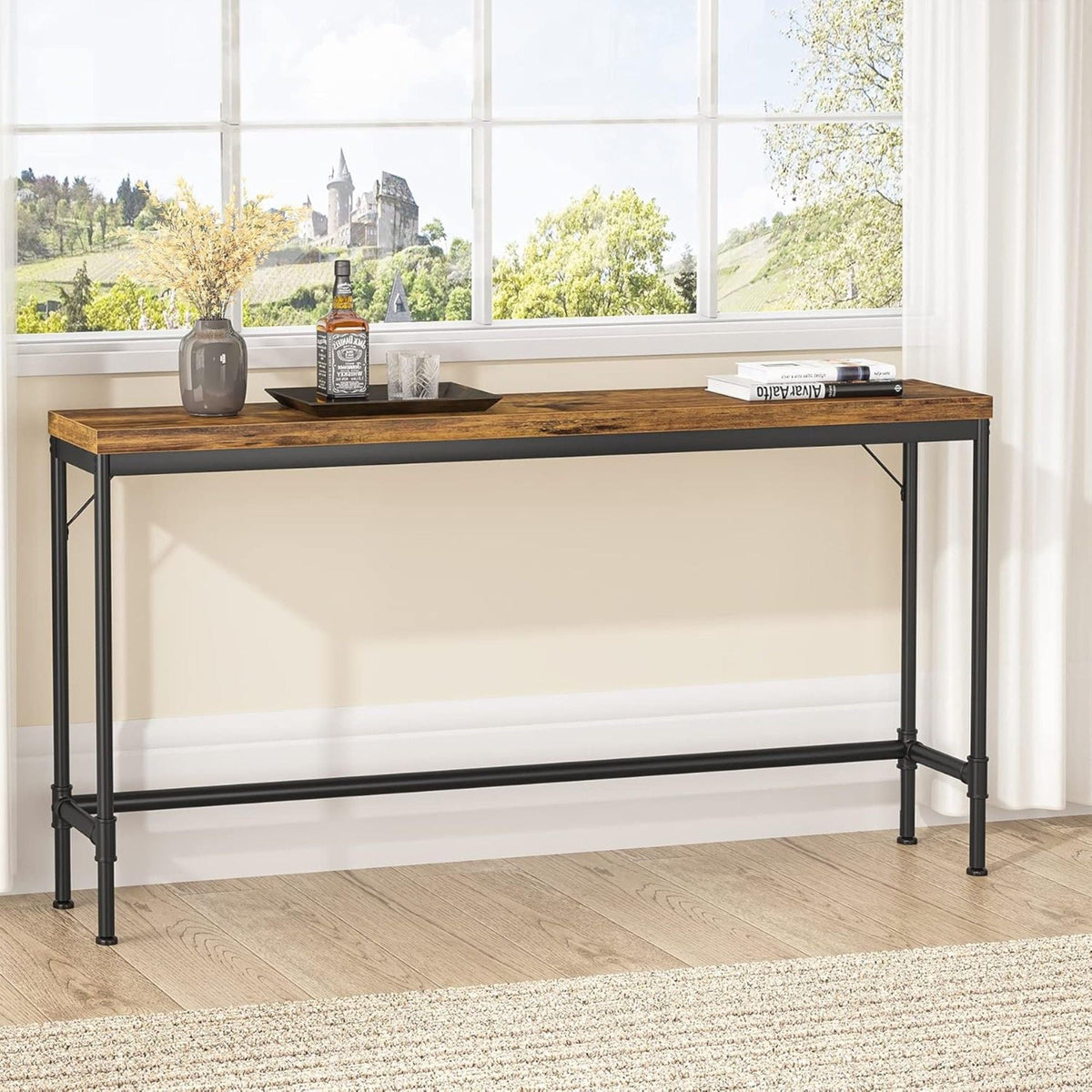 Extra Long Console Table with Industrial Bar-Height - Brown / Black