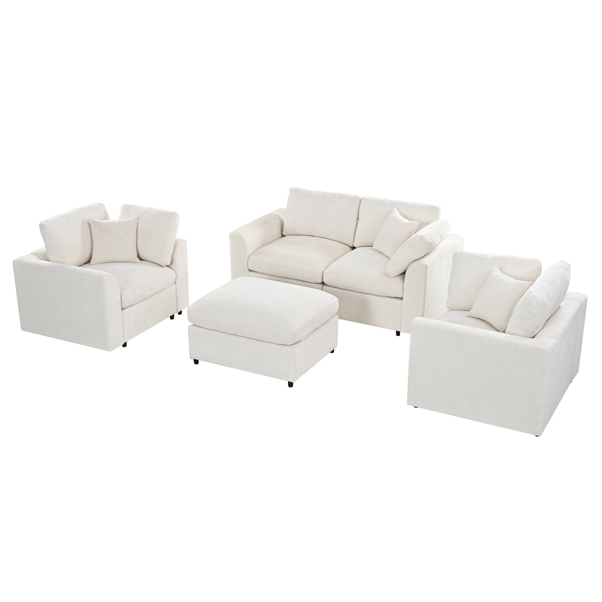 Chenille 4-Piece Sofa Set with Accent Chairs and Movable Ottoman - Grey