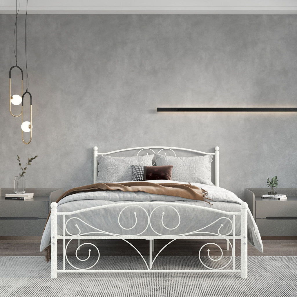 Unique Flower Sturdy System Metal Bed Frame with Headboard and Footboard - White