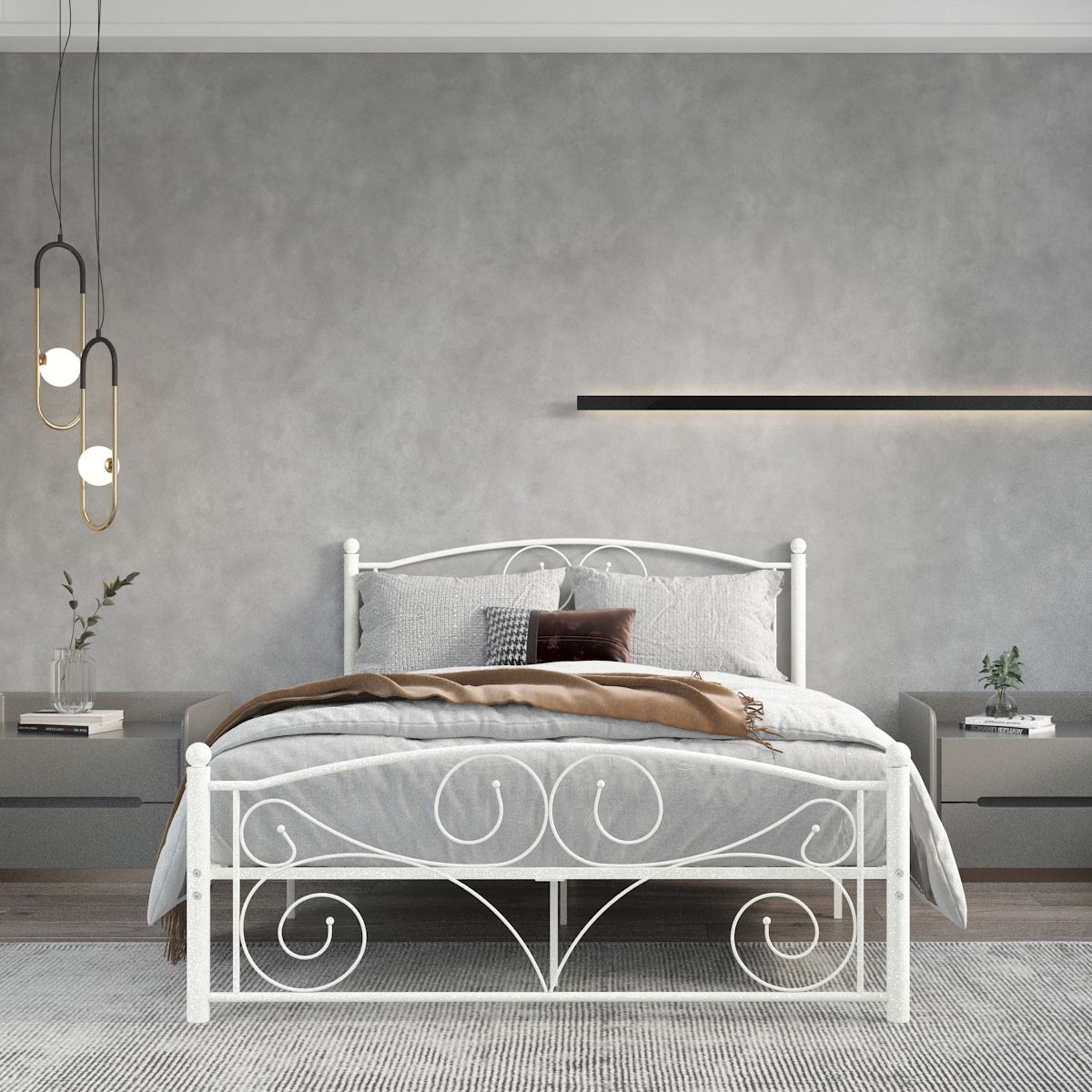 Unique Flower Sturdy System Metal Bed Frame with Headboard and Footboard - White