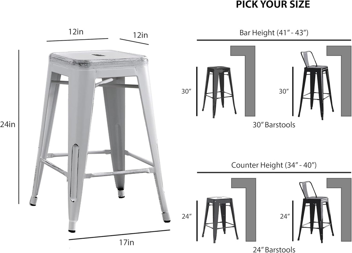 Backless Industrial Metal Bar Stools with Reinforced Design - Distressed White
