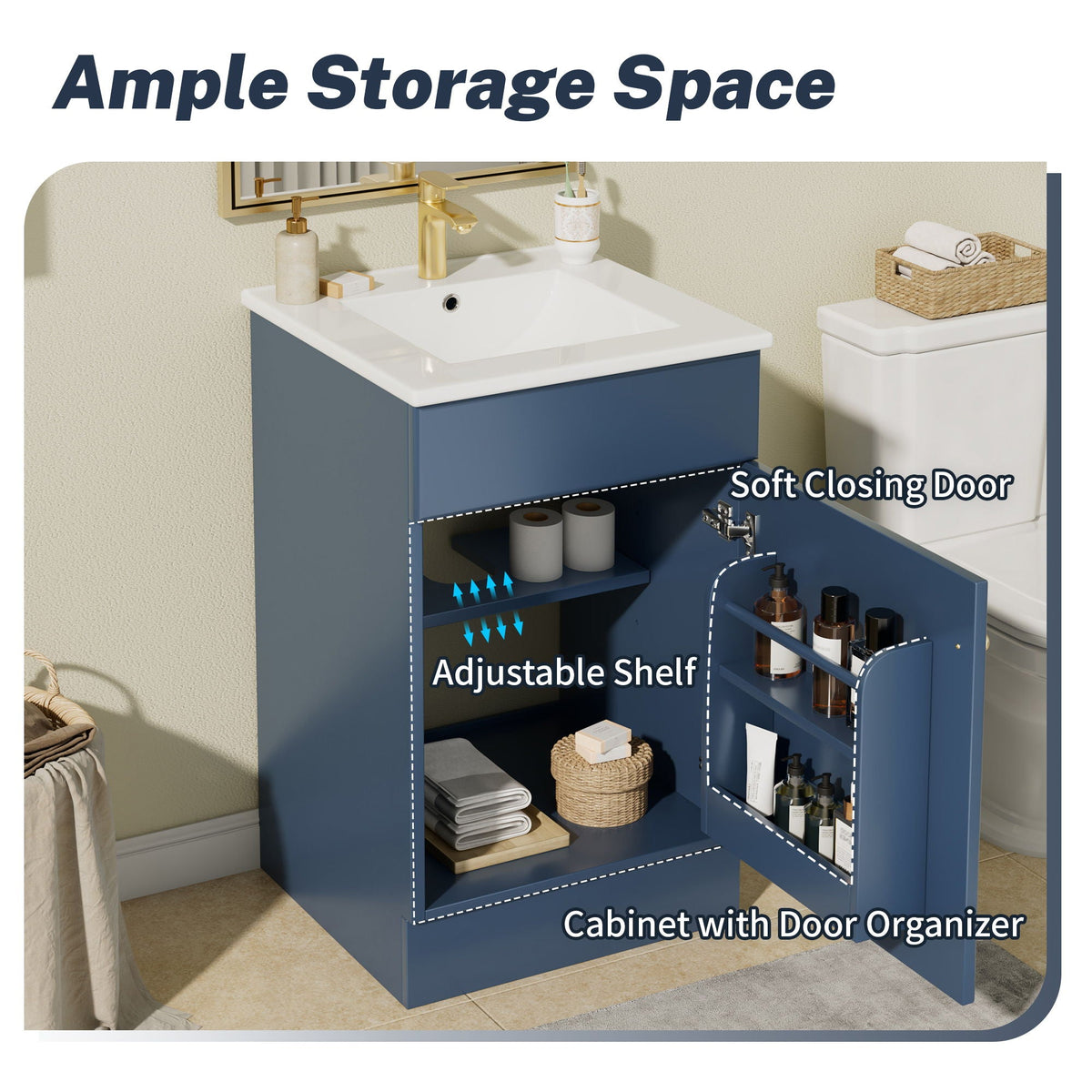 Bathroom Vanity with Sink and Adjustable Shelf - Multiple Colors