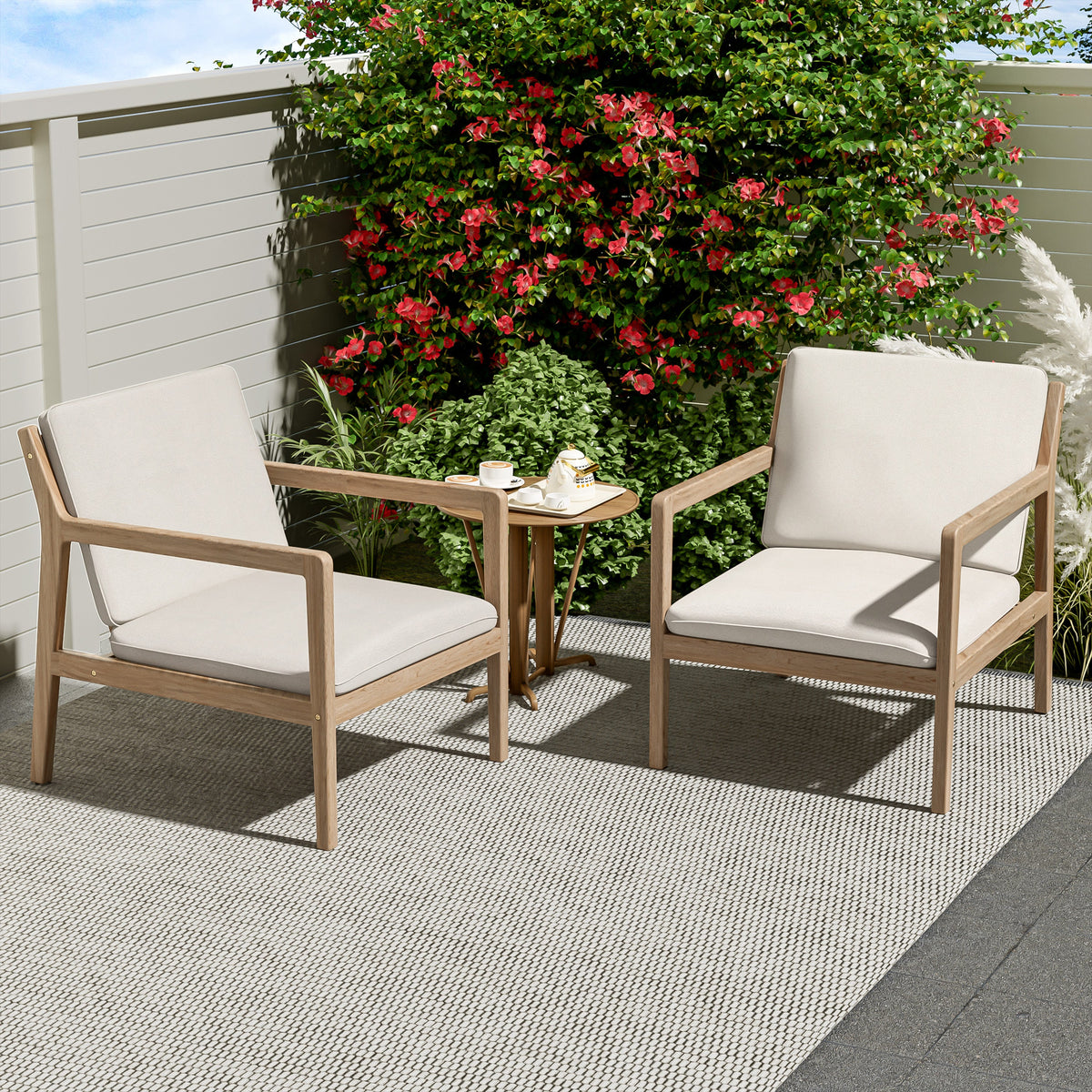 Outdoor Acacia Wood Armchair Set of 2 with Cushions - Light Teak