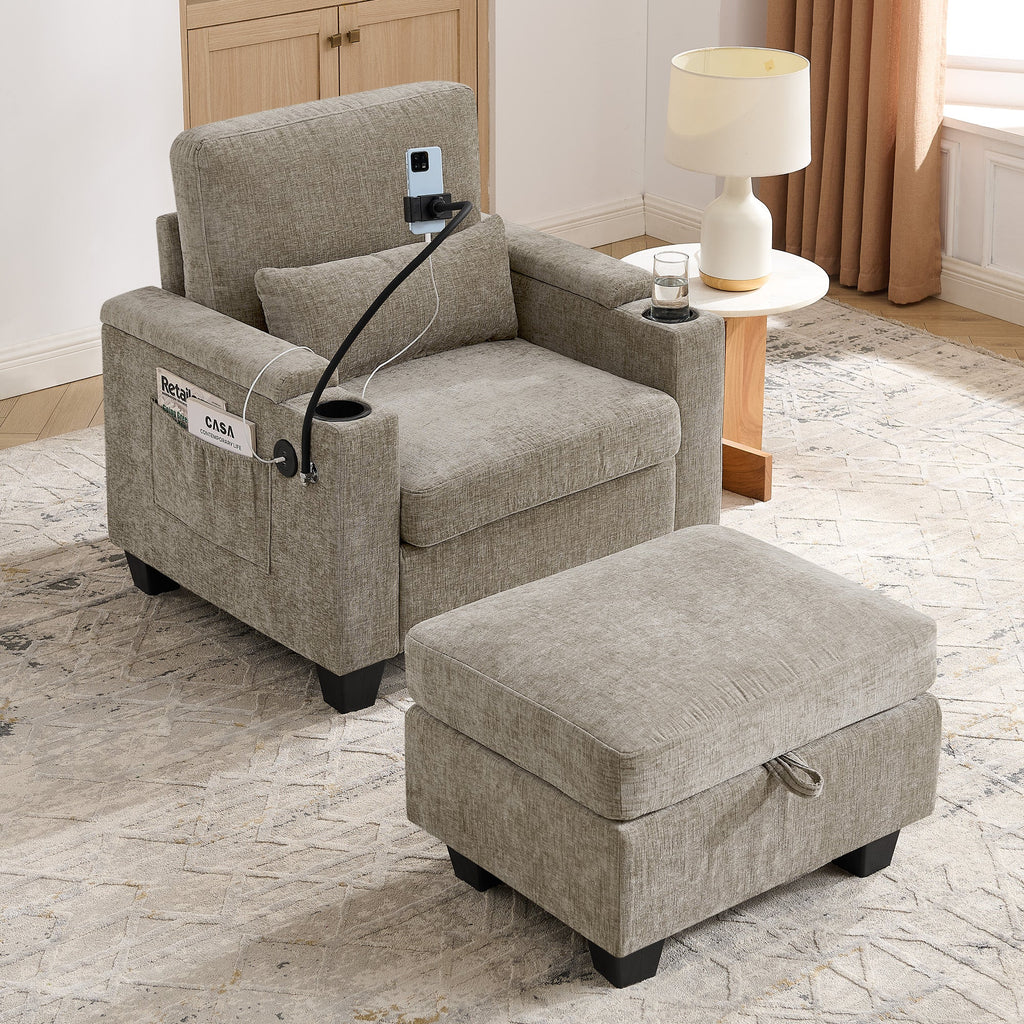 Single Sofa Recliner with Adjustable Backrest and USB Port - Brown