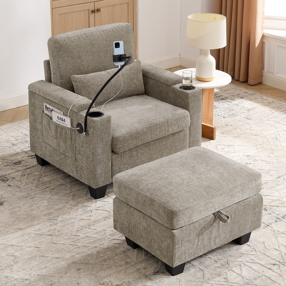 Single Sofa Recliner with Adjustable Backrest and USB Port - Brown