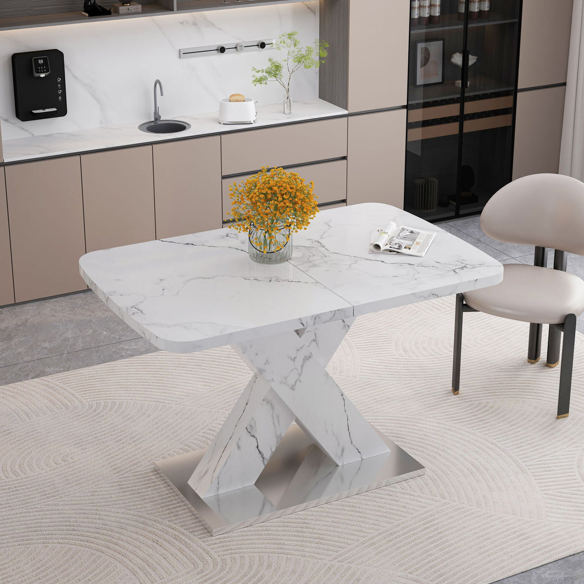 Modern Rectangle Dining Table with Stretchable Top and X Shape Legs - White or Black