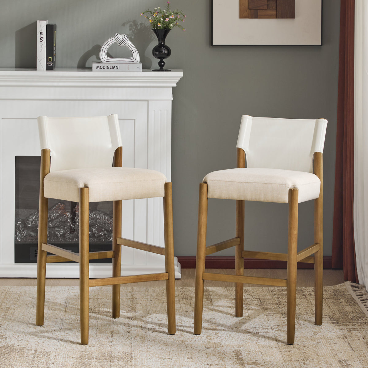 Solid Wood Bar Stool Set with Polyester Cushion - Brown & White
