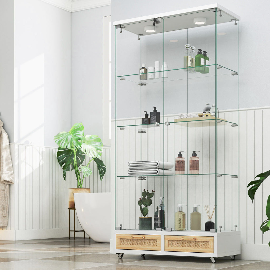 Glass Display Cabinet with LED Lights and Large Drawers - Natural / White