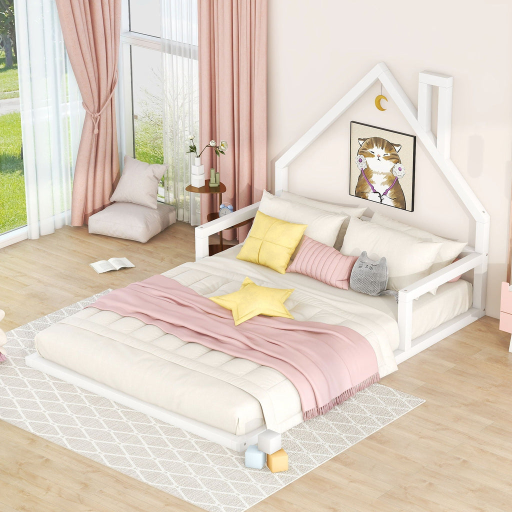 Elegant Floor Bed With House Shaped Headboard - Full Size Solid Wood