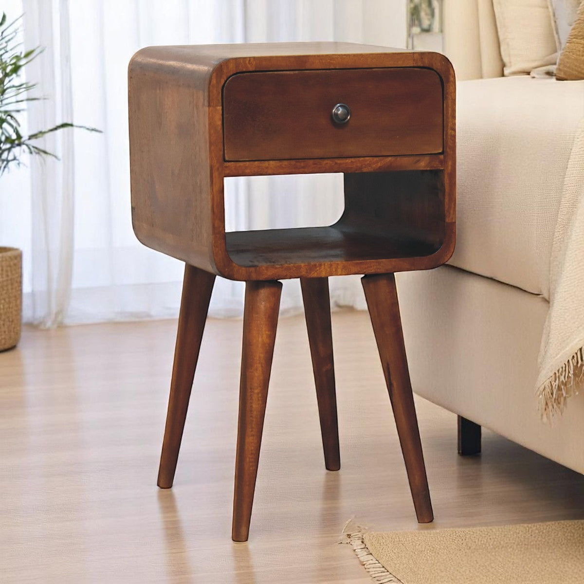 Solid Wood Mini Chestnut Curve Lower Bedside Nightstand with Drawer – Chestnut