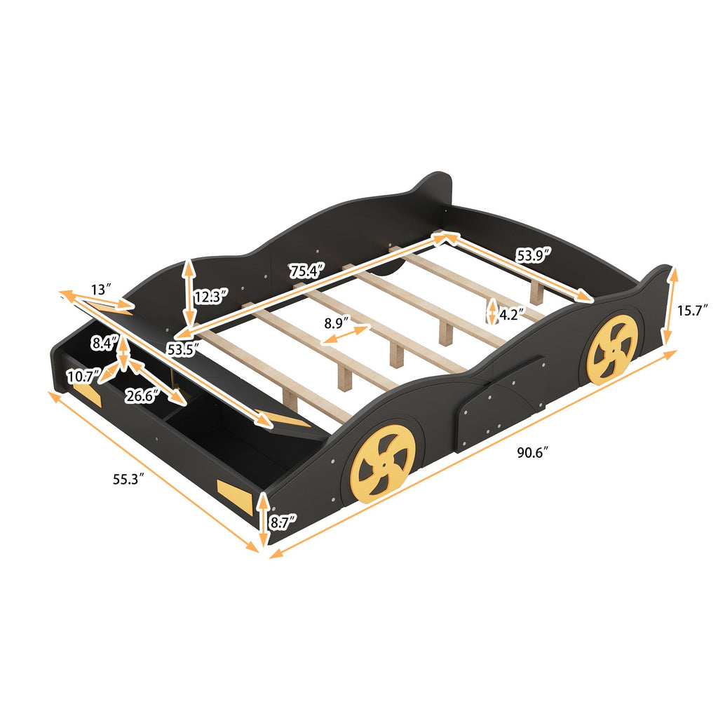 Race Car Platform Bed with Storage and Wheels - Black or Blue