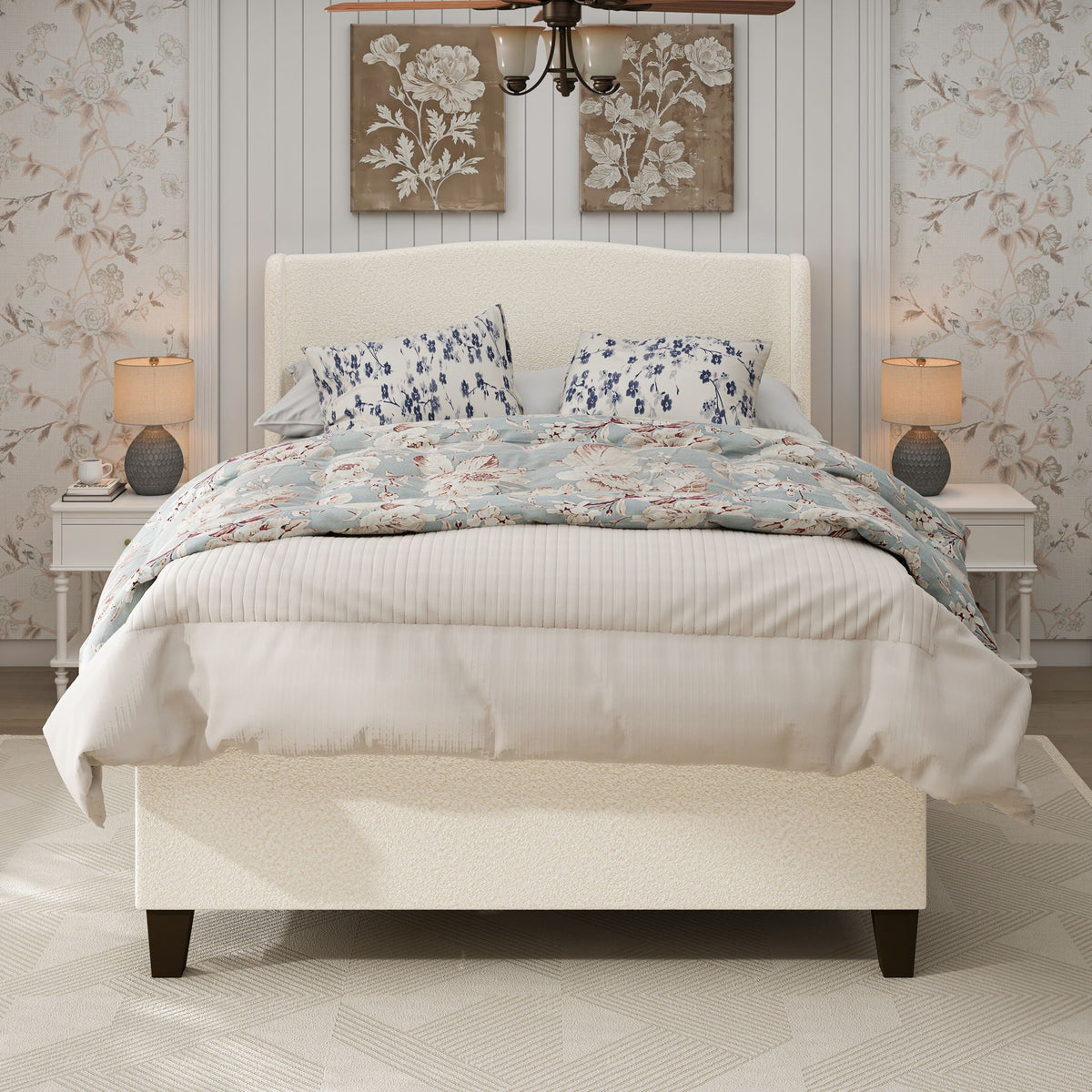 Platform Bed Frame with Tall Headboard and High Footboard - White or Gray