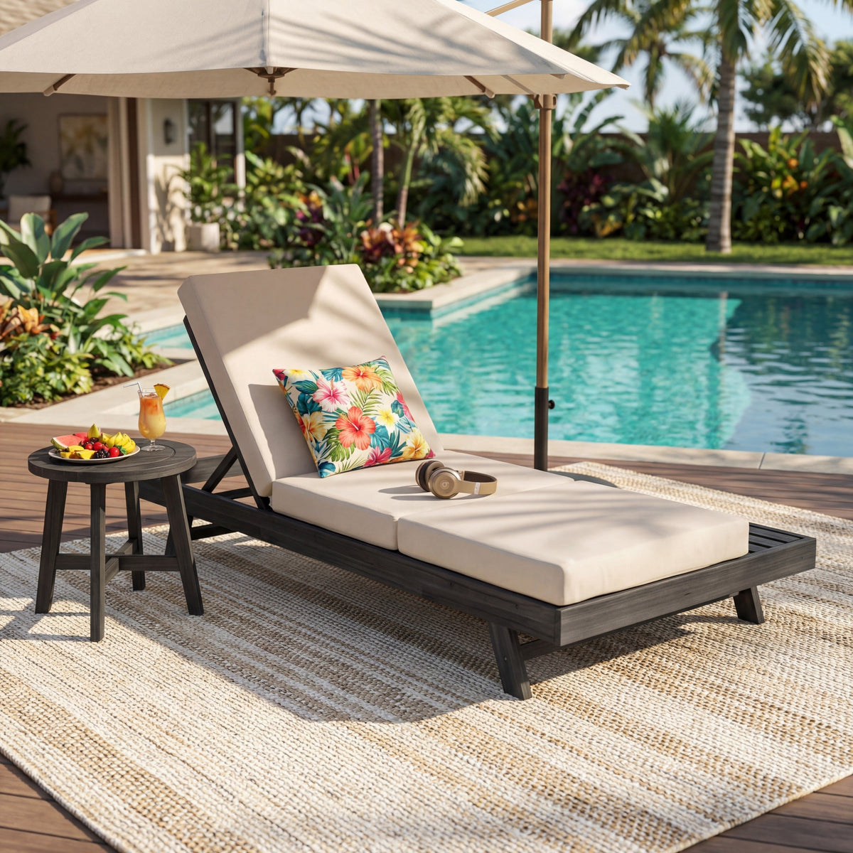 Acacia Solid Wood Lounge Chaise Set with Water-Resistant Cushion - Black
