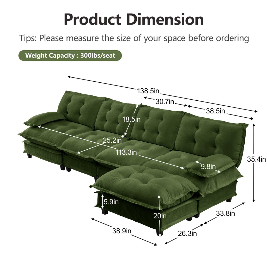 138" L Shaped Modular Sectional Sofa with Ottoman - Chenille