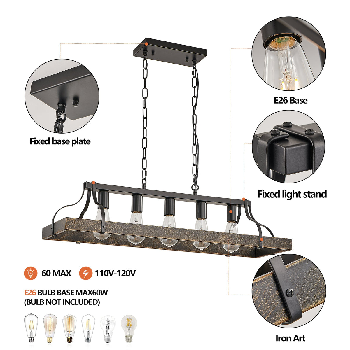 34-Inch Vintage Pendant Light with Adjustable Height - Black and Gold