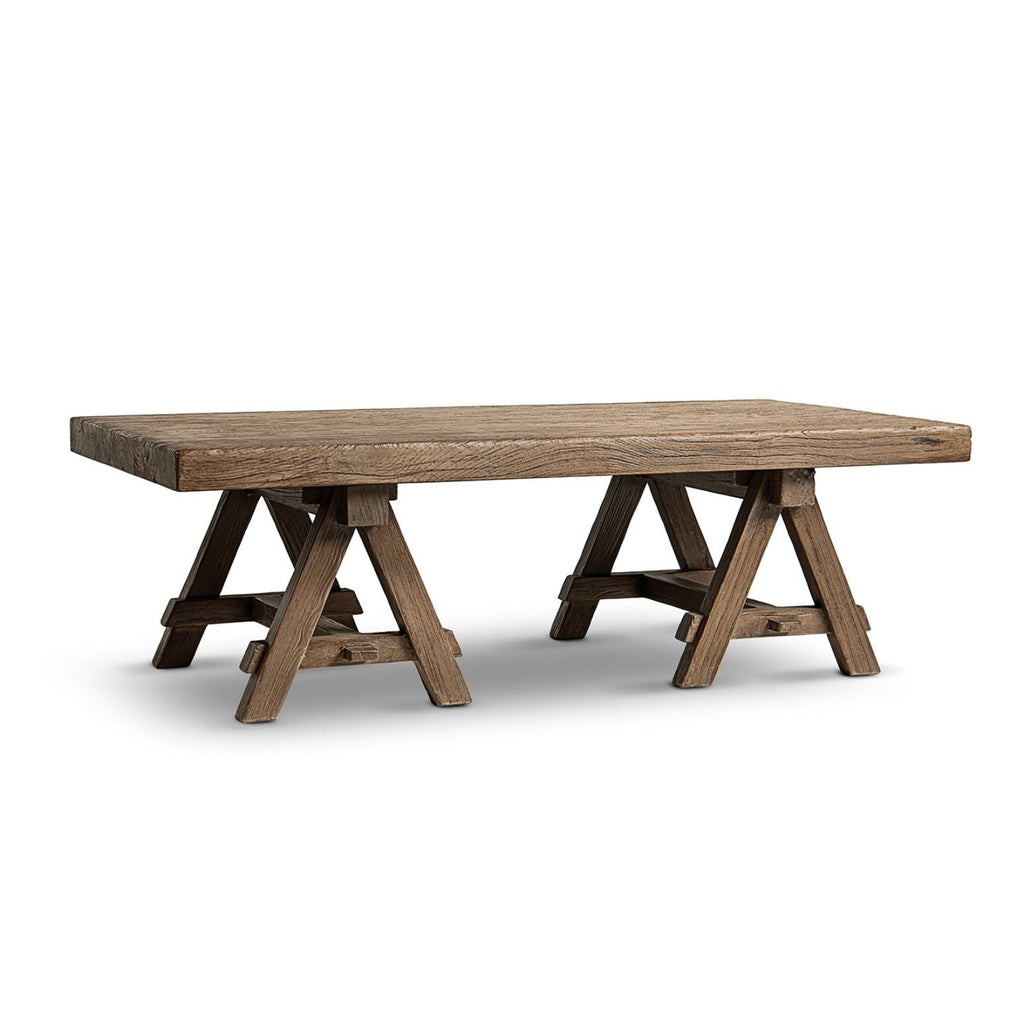Trestle Coffee Table with Solid Reclaimed Elm Construction - Dark or Light Brown