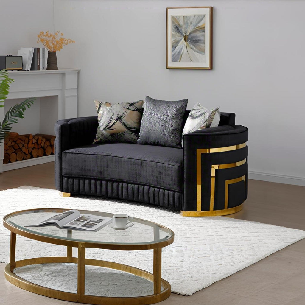 Black Loveseat with Plush Cushions and Gold Accents