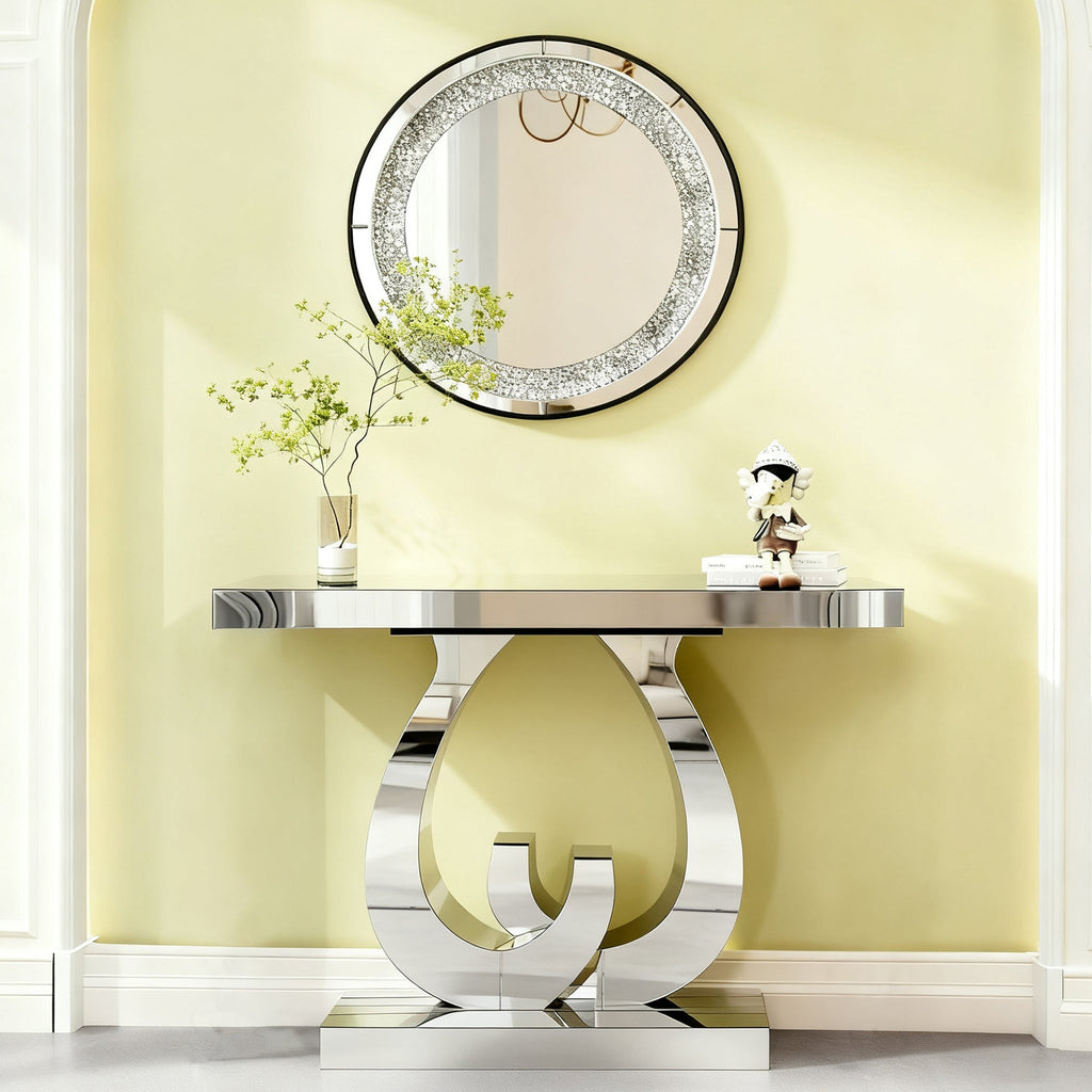Modern Mirror Side Table with Double C-Shape Base - Silver Mirror